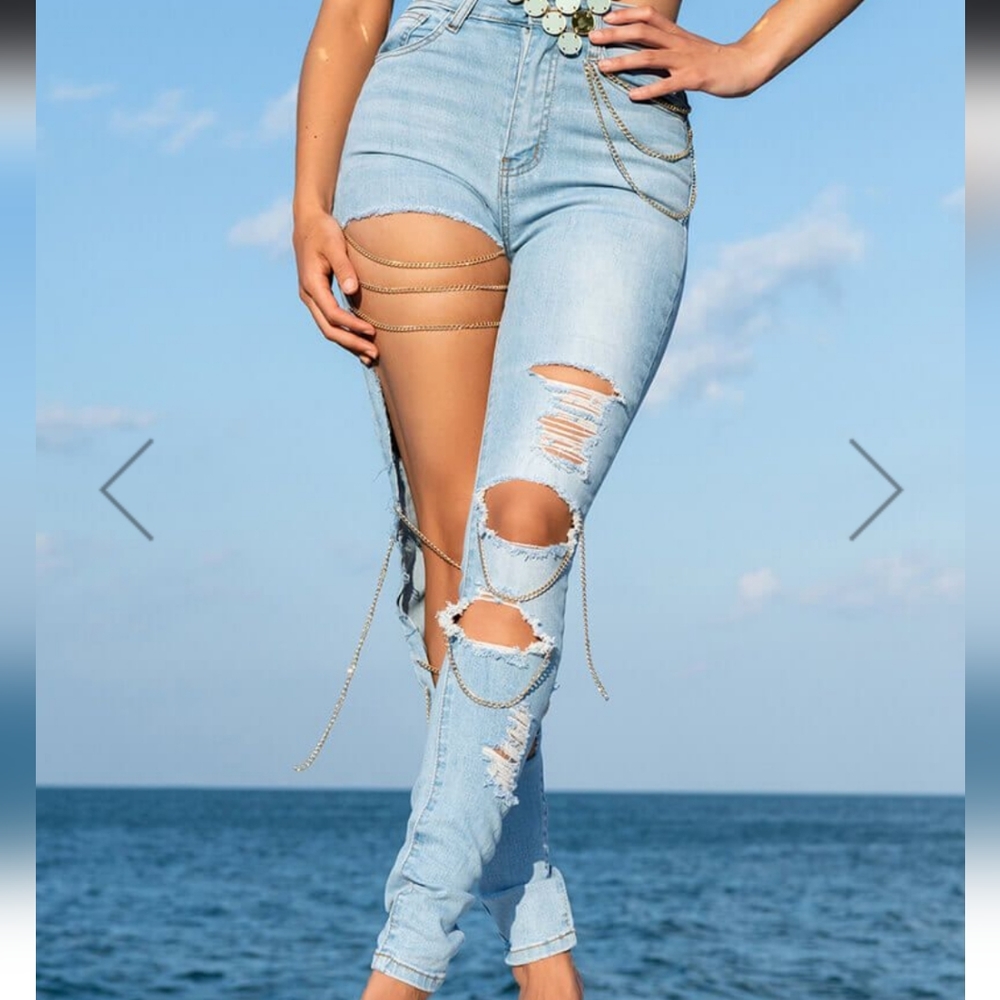 Light Blue High Waisted Denim, Size 3, Jeans with cutouts and chains